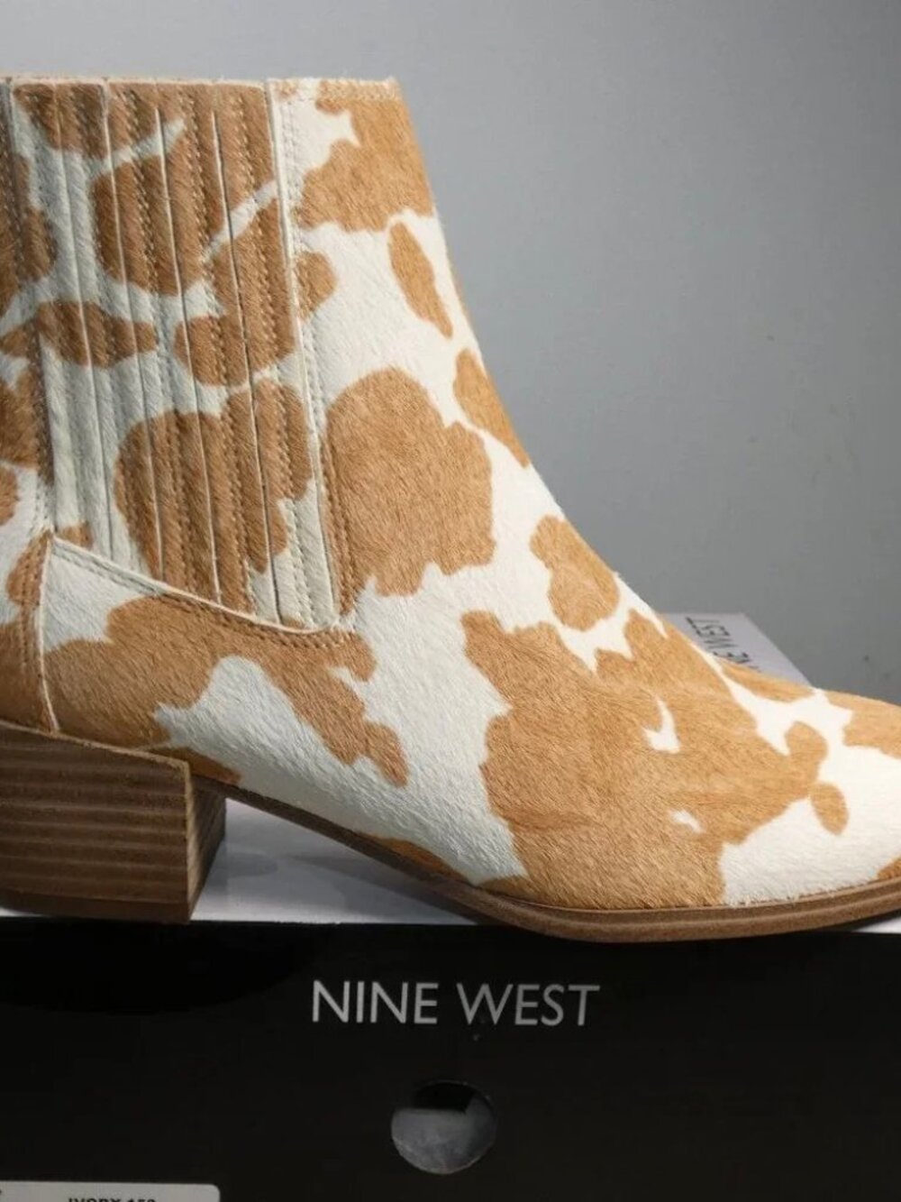 NINE WEST Women's Applez5 Ankle Boot Bootie Ivory Multi Dyed Cow Print 9